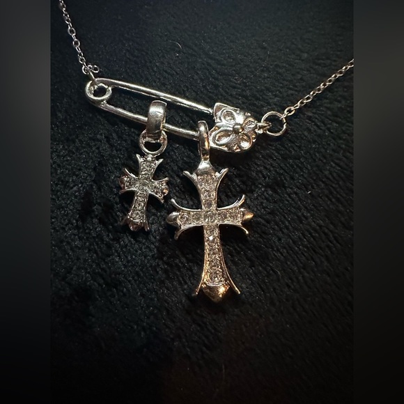 Moon Goddess Emporium Jewelry - Silver Plated Gothic Double Cross Safety Pin Necklace w/ Zircon Inlay